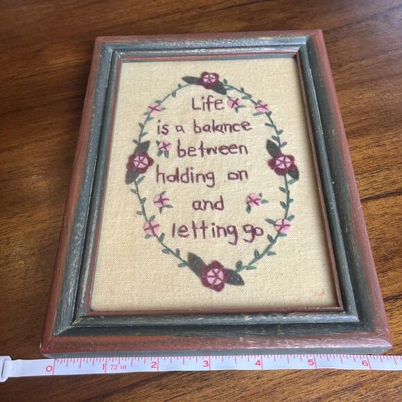 Crewel Embroidery Wood Framed Primitive Sentiment Green & Maroon Wall Art - Picture 5 of 7